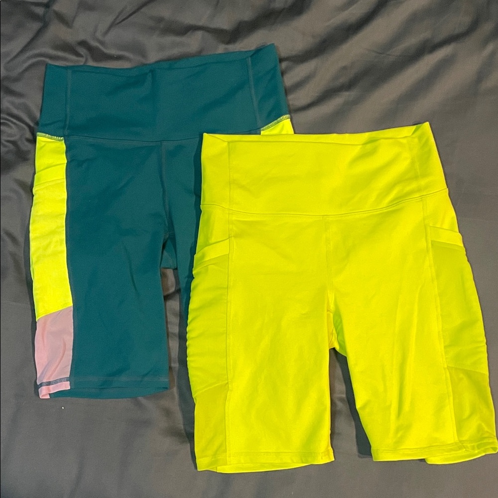 Fabletics Teal and Yellow Biker Shorts Set